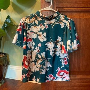 Satin floral high mock neck blouse short sleeve